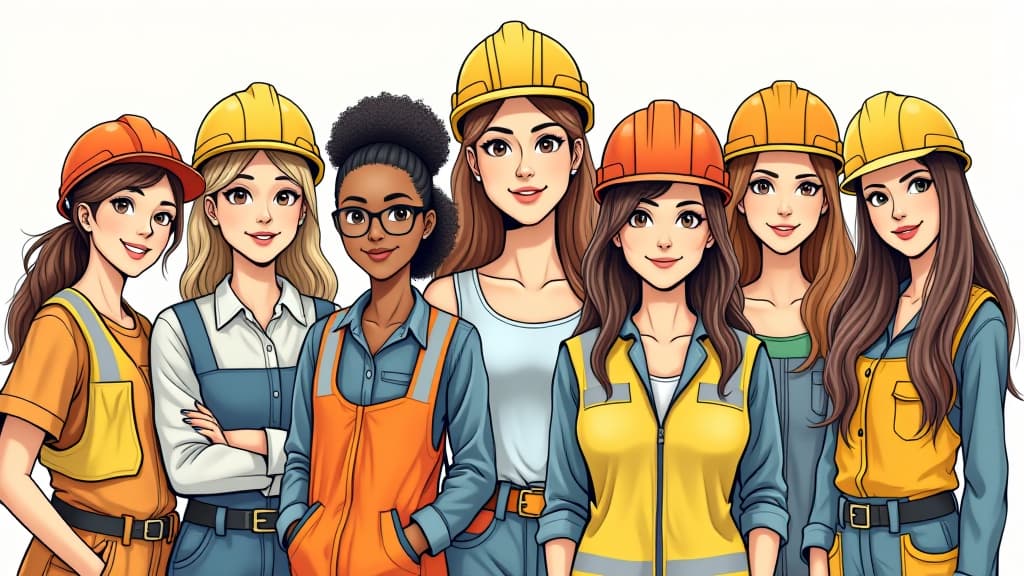  a group of diverse female construction workers, sketch style illustration