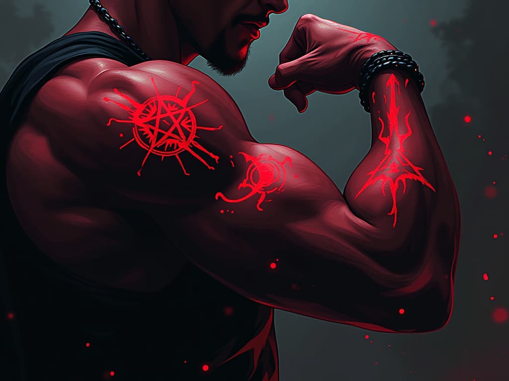  close up of muscular arm flexing, red tattoos with arcane symbols glowing, physical strength and mystic energy. the style is digital art illustration / modern comic book / graphic dark novel fantasy and mysterious occult, symbolic, moody lighting, esoteric vibe,high detail on character design. for the color scheme emphasize blacks and reds.