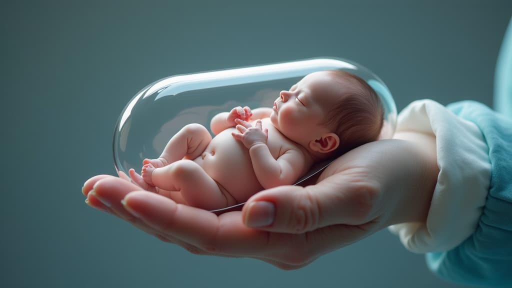  close up. female hand holding small transparent medical capsule. baby sleeping inside capsule. in vitro fertilization concept ar 16:9 {prompt}, maximum details