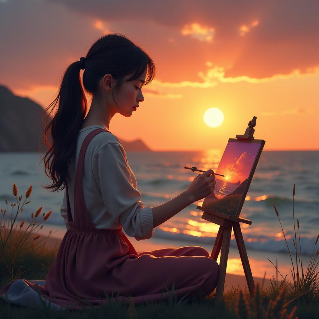  the drawn girl is painting a picture and admiring the sunset. hyperrealistic, full body, detailed clothing, highly detailed, cinematic lighting, stunningly beautiful, intricate, sharp focus, f/1. 8, 85mm, (centered image composition), (professionally color graded), ((bright soft diffused light)), volumetric fog, trending on instagram, trending on tumblr, HDR 4K, 8K