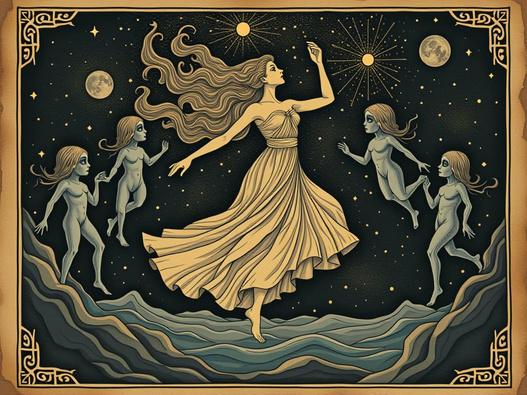  figure dancing with cosmic beings, stars and galaxies swirl around, grand cosmic dance, dynamic, otherworldly. an illustration in the style of a worn, mystical old tarot trump card, mysterious and elements of surrealism. the colors are muted, somber and eerie, but with contrast bring out an occult and esoteric vibe.