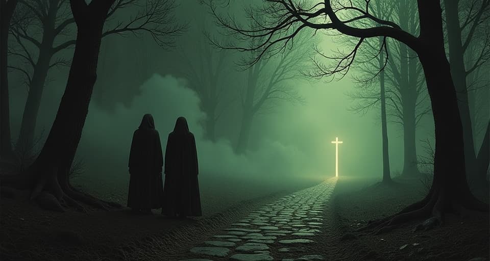  figures standing beside an illuminated path, their forms glowing dimly, path leading away, dark and foggy surroundings, atmosphere of abandonment. an illustration in the style of a worn, mystical old tarot trump card, mysterious and elements of surrealism. the colors are muted, somber and eerie, but with contrast bring out an occult and esoteric vibe.