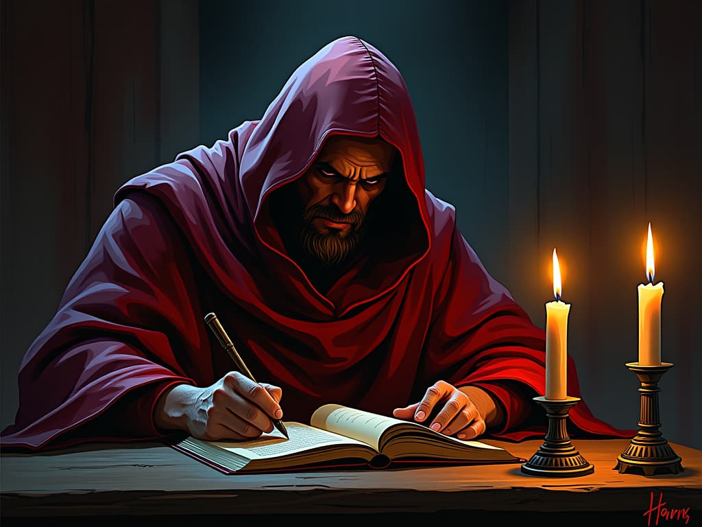  scribe in red robes, feverishly writing at a wooden desk, candles providing dim light, sense of desperation and fervent justification. the style is digital art illustration / modern comic book / graphic dark novel fantasy and mysterious occult, symbolic, moody lighting, esoteric vibe,high detail on character design. for the color scheme emphasize blacks and reds.