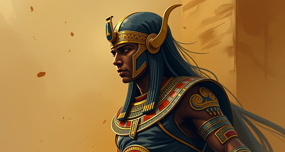  an egyptian warrior in intricate armor, poised on the edge of action, strategic placement, precision. the style is digital art illustration / modern comic book / mysterious occult, symbolic, esoteric vibe,high detail on character design, incorporating ancient egyptian symbology and attire.