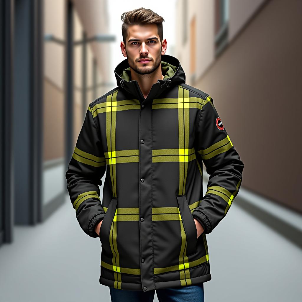  create a high resolution image of a full body man standing in a casual urban setting, wearing a slim fit parka with long sleeves, a straight hem, and a lightweight smooth fabric. the parka should feature a plaid design in olive green and neon yellow, made from nylon material. it should have a stand collar, zipper closure, and include a patch logo. additional elements should include thumb holes, elbow patches, drawstrings, adjustable cuffs, and a removable lining. the man should be posed confidently, perhaps with one hand in his pocket and the other adjusting the drawstrings.