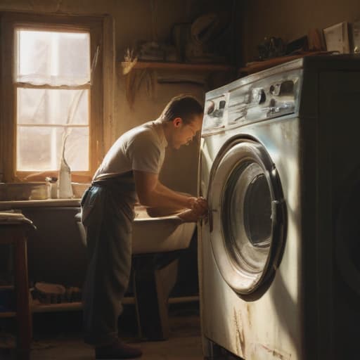 A photo of a skilled repair technician meticulously inspecting a vintage washing machine in a cozy, cluttered garage during the soft glow of afternoon sunlight filtering through dusty windows.