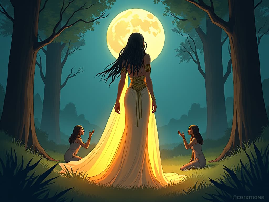  goddess in a radiant gown, standing in a moonlit forest, celestial beings whispering encouragement, sense of otherworldly support. the style is digital art illustration / modern comic book / mysterious occult, symbolic, esoteric vibe,high detail on character design, incorporating ancient egyptian symbology and attire.