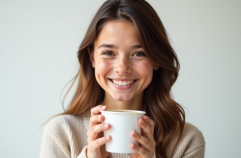  smiling girl holds in front of her a white paper cup with a closed lid with coffee. on a white background on the right, on the left there is a lot of free space for text, (natural skin texture), highly detailed face, depth of field, hyperrealism, soft light, muted colors