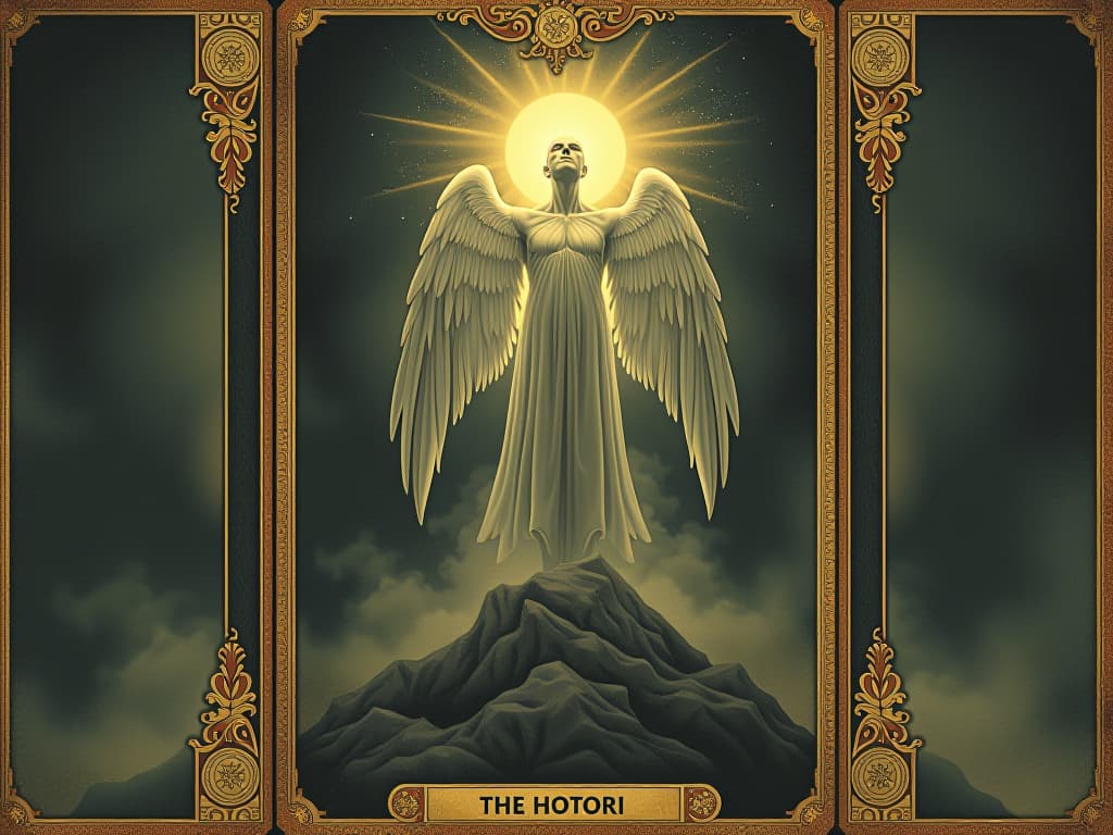  an ethereal being ascending from a physical form, glowing aura, transcending earthly bounds, divine illumination. an illustration in the style of a worn, mystical old tarot trump card, mysterious and elements of surrealism. the colors are muted, somber and eerie, but with contrast bring out an occult and esoteric vibe.