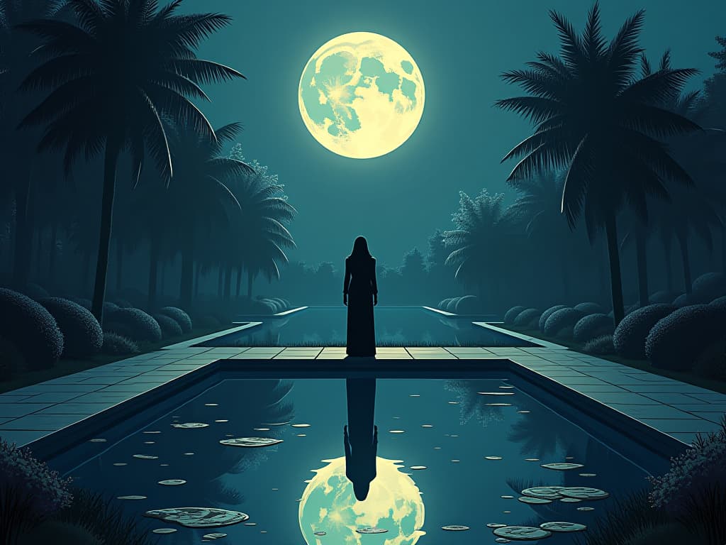  silent and still reflective pool in a sacred garden, moonlight illuminating the scene, symbolizing solitude in dreams mirroring waking life. the style is digital art illustration / modern comic book / mysterious occult, symbolic, esoteric vibe,high detail on character design, incorporating ancient egyptian symbology and attire.