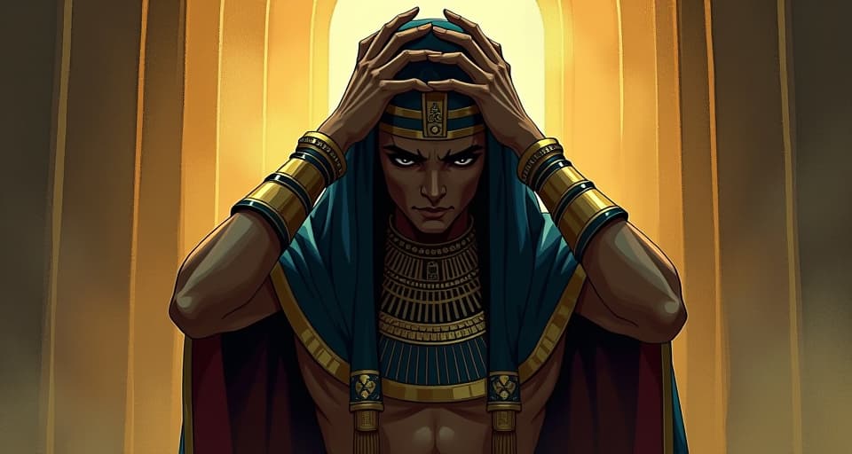  a troubled individual, clutching their head, shadows creeping behind, denial in their eyes, refusing the light. the style is digital art illustration / modern comic book / mysterious occult, symbolic, esoteric vibe,high detail on character design, incorporating ancient egyptian symbology and attire.