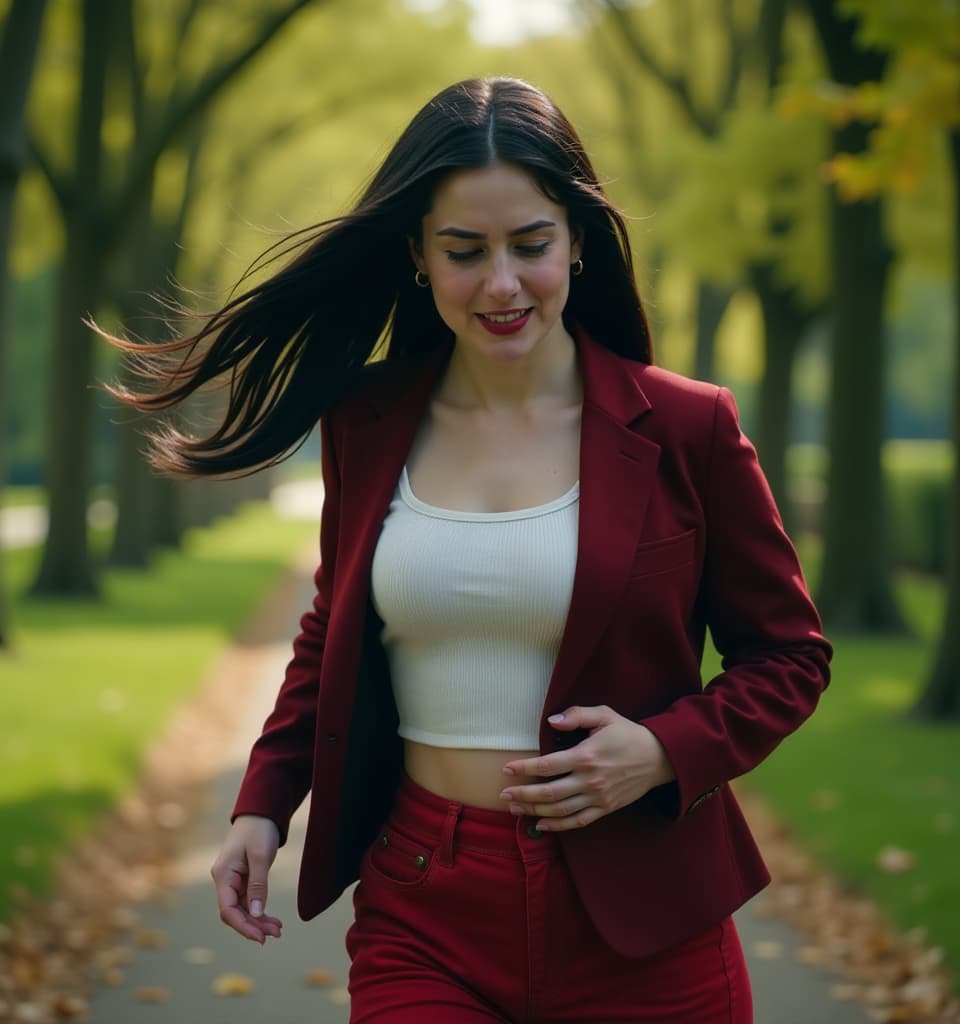  cinematic photo a young schoolteacher with long black hair feels a sharp stabbing pain in her side, one hand pressed to her side in her lower abdomen. scene in motion, running in the park, full height, side view. on the face of the grimace of pain and fatigue. she's dressed as harley quinn. high detail, dynamic scene, 4k . 35mm photograph, film, bokeh, professional, 4k, highly detailed