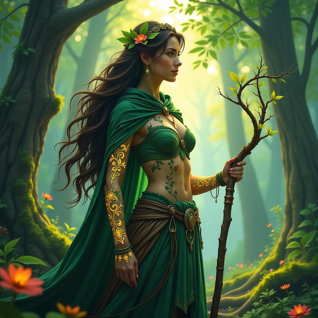  foreground: a majestic forest guardian stands tall, adorned with intricate, glowing tattoos that mirror the patterns of the forest. her long, flowing hair is woven with vines and leaves, and her eyes glow softly like embers. she wears a cloak made from the very essence of the woods, with branches and petals seamlessly integrated into its fabric. in one hand, she holds a staff that seems to be a living tree branch, pulsing with a gentle, ethereal light. background: a lush, vibrant forest unfolds behind her, with towering trees that stretch towards the sky. the leaves are a kaleidoscope of greens, from deep emerald to bright lime, and the trunks are adorned with moss and glowing fungi. sunlight filters through the canopy above, casting dappl