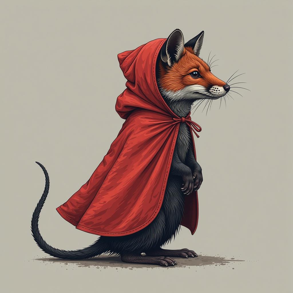  typographic art gray background. vector image. a small black rat with a long thin tail in a red cape with a hood from a red fox in a grey cap . stylized, intricate, detailed, artistic, text based