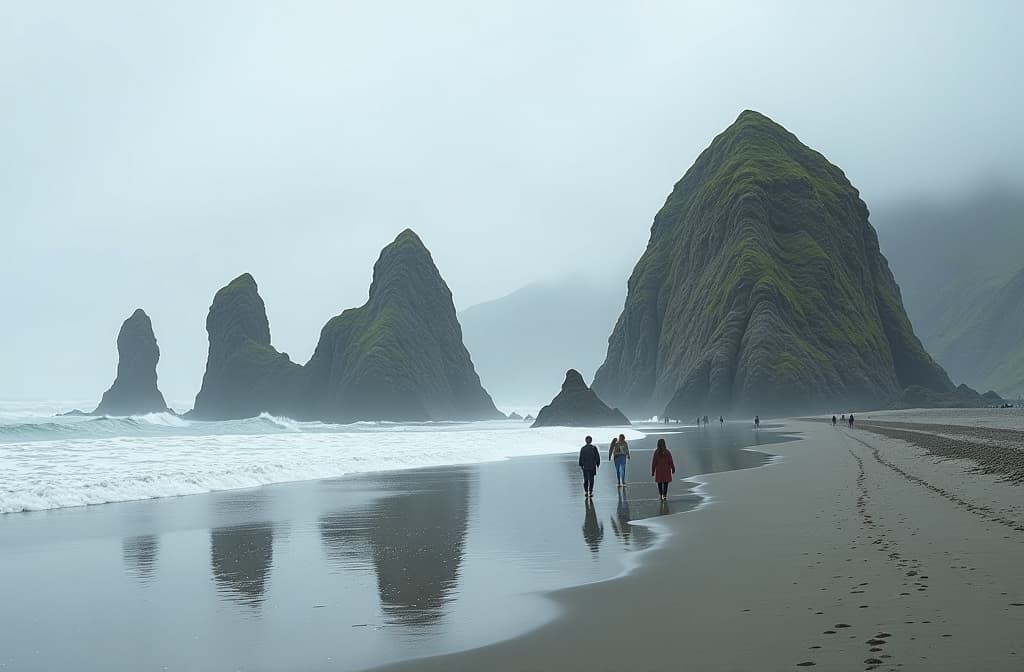  unusual rock formations form a striking contrast against the cannon beach in oregon, usa. people stroll along the shoreline, the mist and overcast sky adding to the atmospheric scene. the image is a highly detailed and realistic photograph capturing the dramatic beauty of the landscape. the rocks jut out like ancient sculptures, their rugged surfaces weathered by time and sea spray. the overall composition is breathtaking, with every element meticulously depicted to transport viewers to this awe inspiring coastal setting. hyperrealistic, full body, detailed clothing, highly detailed, cinematic lighting, stunningly beautiful, intricate, sharp focus, f/1. 8, 85mm, (centered image composition), (professionally color graded), ((bright soft diffused light)), volumetric fog, trending on instagram, trending on tumblr, HDR 4K, 8K