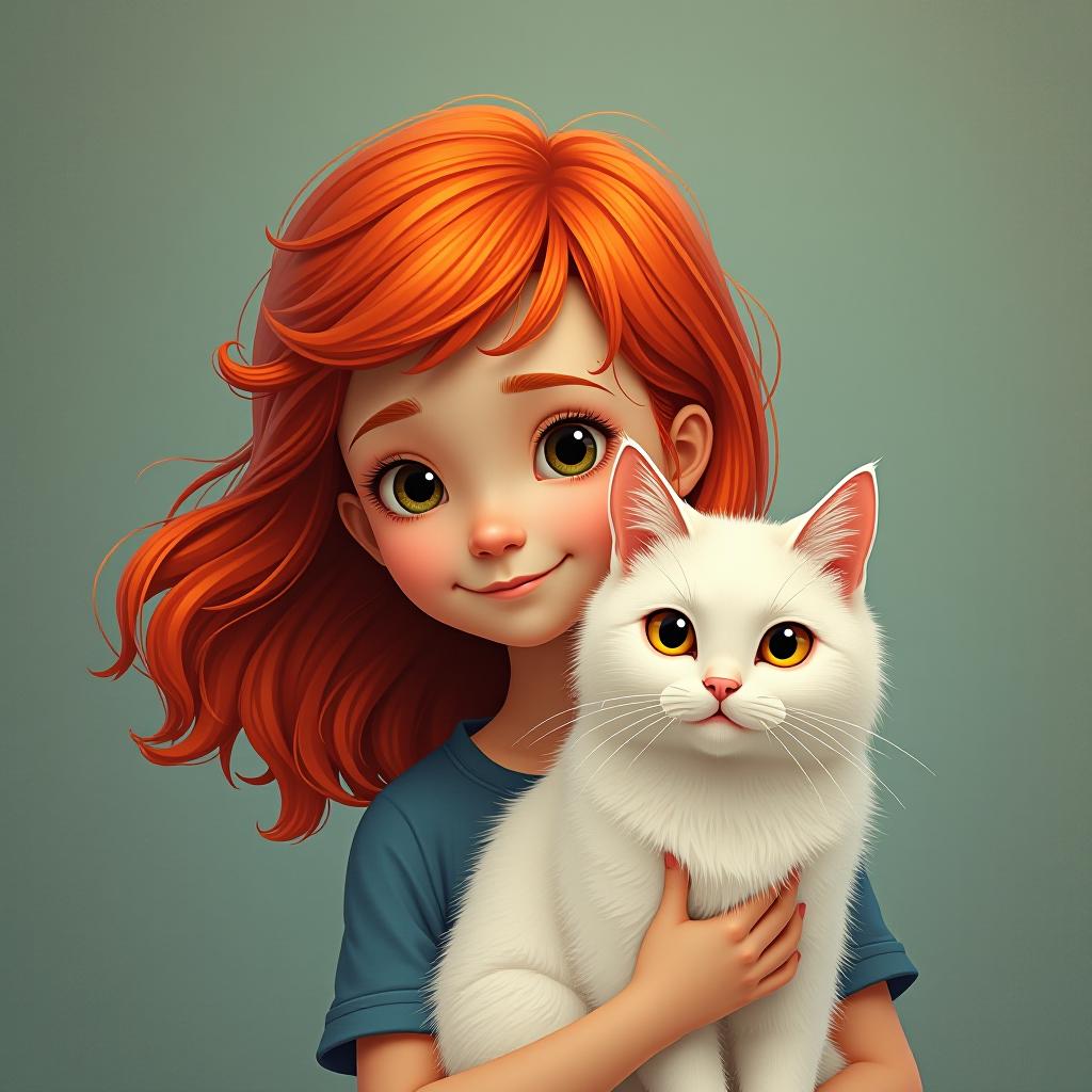  a red haired girl with a white cat photo.