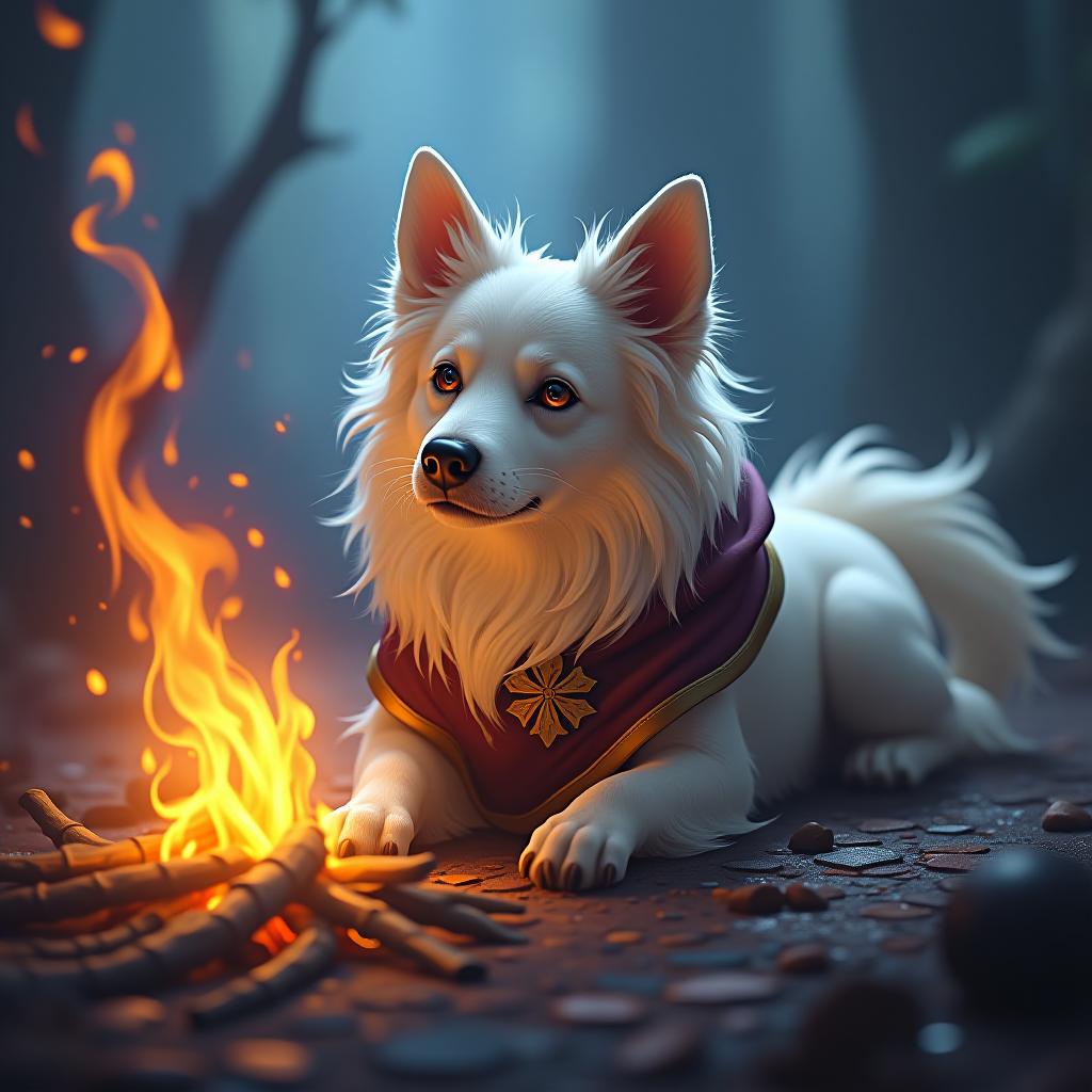  ethereal fantasy concept art of a dog that is laying down in front of a fire, a portrait, by jeff easley, artstation contest winner, beeple and jeremiah ketner, hearthstone artwork, fuzzy ghost, art depicting control freak . magnificent, celestial, ethereal, painterly, epic, majestic, magical, fantasy art, cover art, dreamy hyperrealistic, full body, detailed clothing, highly detailed, cinematic lighting, stunningly beautiful, intricate, sharp focus, f/1. 8, 85mm, (centered image composition), (professionally color graded), ((bright soft diffused light)), volumetric fog, trending on instagram, trending on tumblr, HDR 4K, 8K