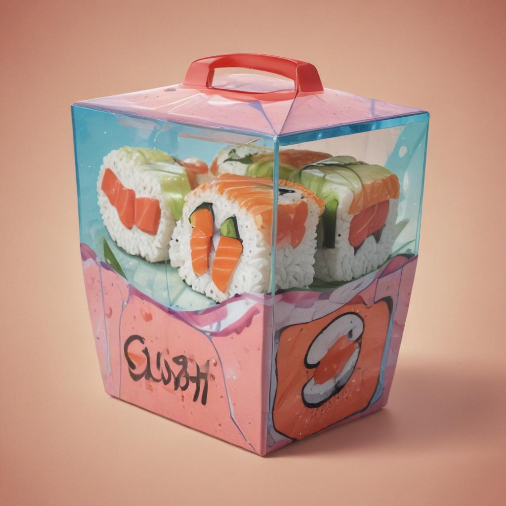 distance-shot, flashy, full-body, dynamic, holographic, animated cartoon poster of a take-out box of sushi in the style of dragon ball super