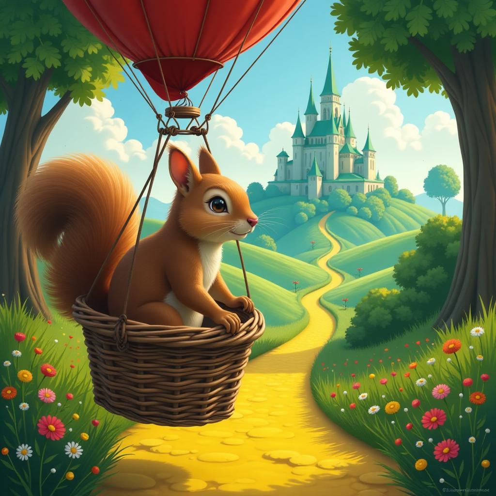  concept art the squirrel sits in a balloon basket and looks down at the yellow brick road leading to the emerald city. basket view . digital artwork, illustrative, painterly, matte painting, highly detailed