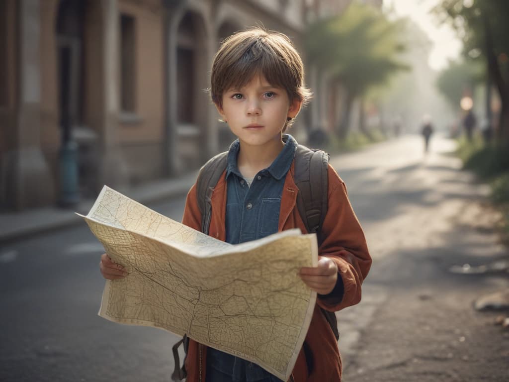 ultra realistic ((ultra realistic ((A child confidently leading the way, holding a map.)))) hyperrealistic, full body, detailed clothing, highly detailed, cinematic lighting, stunningly beautiful, intricate, sharp focus, f/1. 8, 85mm, (centered image composition), (professionally color graded), ((bright soft diffused light)), volumetric fog, trending on instagram, trending on tumblr, HDR 4K, 8K