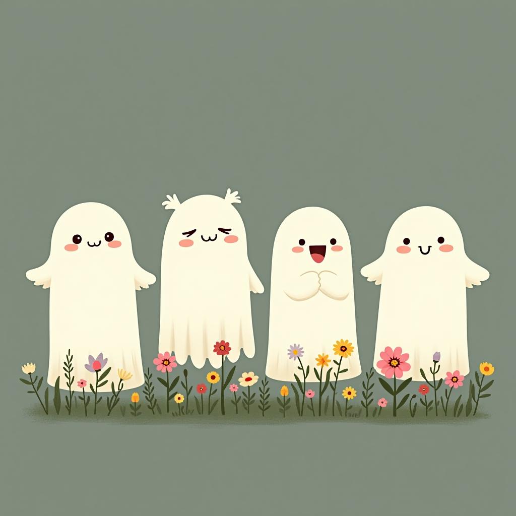  create a digital illustration featuring a row of four or five cute, cartoonish ghost characters, each with a different appearance, standing in different positions within sparse, life like wildflowers.