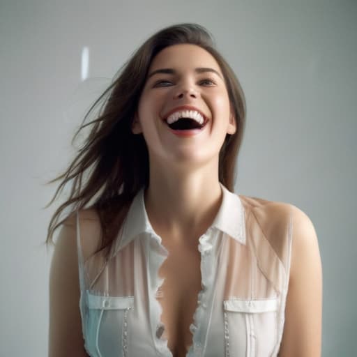 an ultra realistic photo of beautiful woman, and laughing symmetrical balance, in-frame hyperrealistic, full body, detailed clothing, highly detailed, cinematic lighting, stunningly beautiful, intricate, sharp focus, f/1. 8, 85mm, (centered image composition), (professionally color graded), ((bright soft diffused light)), volumetric fog, trending on instagram, trending on tumblr, HDR 4K, 8K