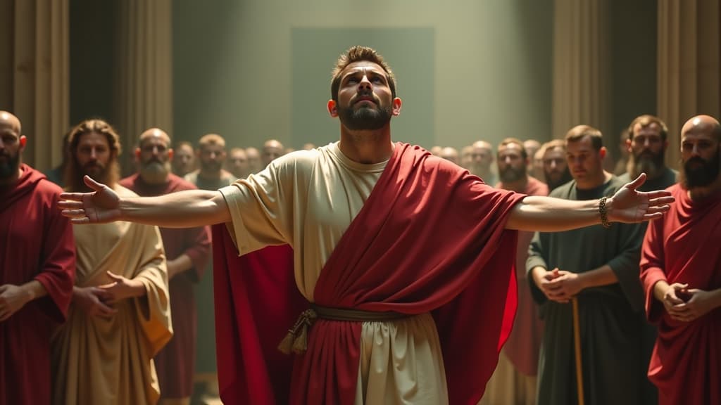  history of biblical times, a visual representation of peter’s martyrdom in rome, portraying a moment of courage amidst adversity and faith. hyperrealistic, full body, detailed clothing, highly detailed, cinematic lighting, stunningly beautiful, intricate, sharp focus, f/1. 8, 85mm, (centered image composition), (professionally color graded), ((bright soft diffused light)), volumetric fog, trending on instagram, trending on tumblr, HDR 4K, 8K