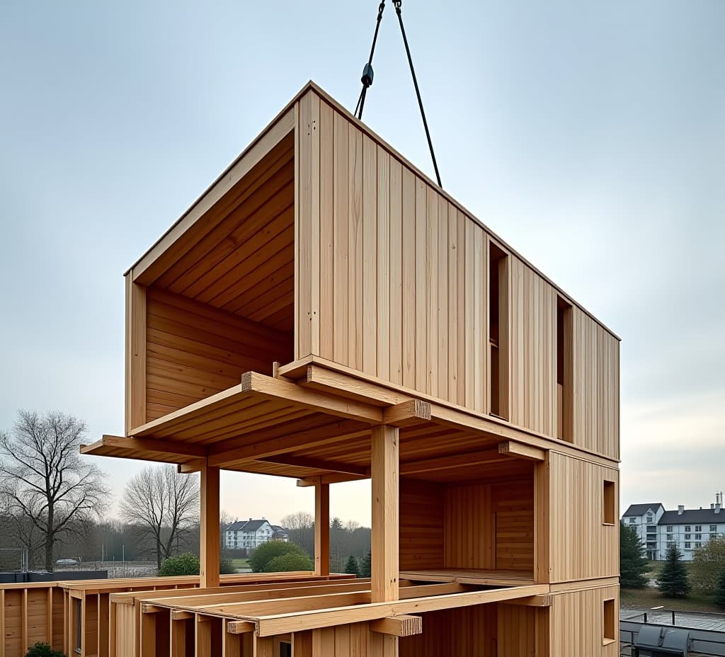  a wooden building module is raised by a crane and placed into the framework. berlin office building under construction. modular wood construction will be used to build the new building.