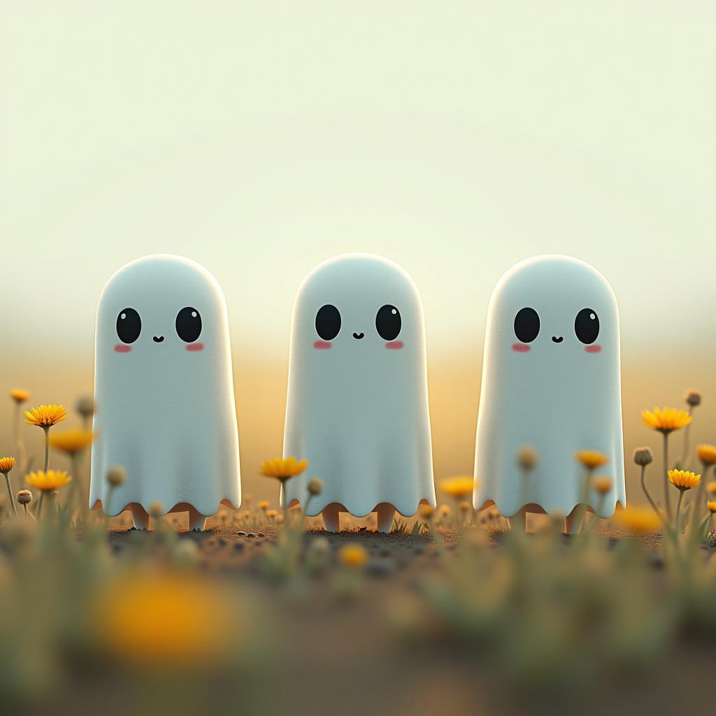  create a digital illustration featuring a row of three cute, cartoonish ghost characters, each with a different appearance, standing in different positions within sparse, life like wildflowers. hyperrealistic, full body, detailed clothing, highly detailed, cinematic lighting, stunningly beautiful, intricate, sharp focus, f/1. 8, 85mm, (centered image composition), (professionally color graded), ((bright soft diffused light)), volumetric fog, trending on instagram, trending on tumblr, HDR 4K, 8K