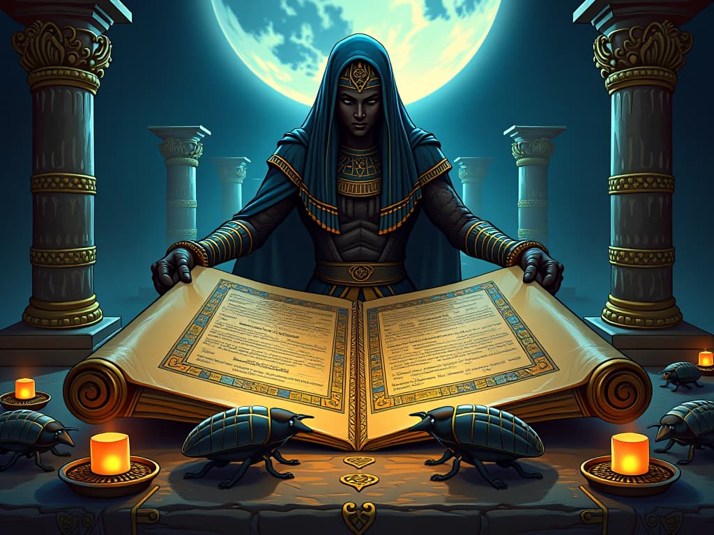  open scroll filled with hieroglyphs, laid on an altar under the full moon, scarabs crawling over it, ancient symbols glowing, scene of mystical intention. the style is digital art illustration / modern comic book / mysterious occult, symbolic, esoteric vibe,high detail on character design, incorporating ancient egyptian symbology and attire.