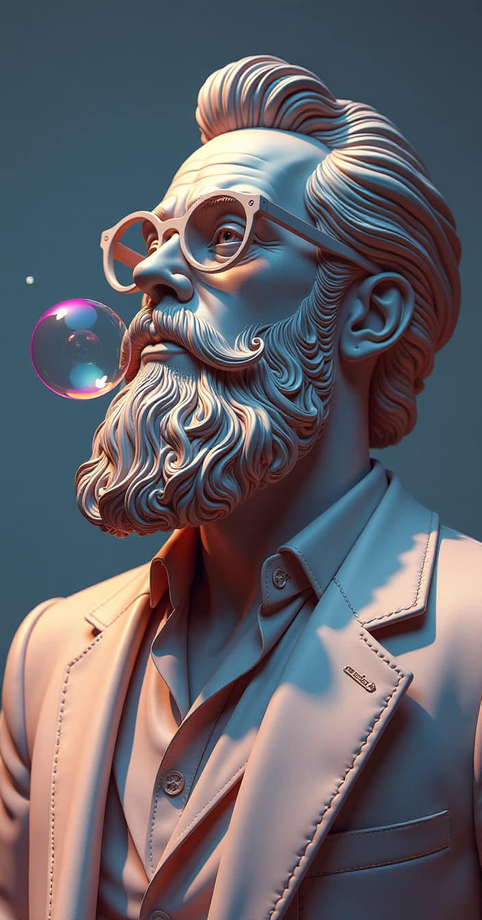  arafed statue of a man with a beard and sunglasses blowing a bubble, beeple and james jean, style hybrid mix of beeple, baroque vaporwave statue, realism | beeple, beeple. hyperrealism, beeple!!, beeple style, beeple |, beeple masterpiece, beeple daily art