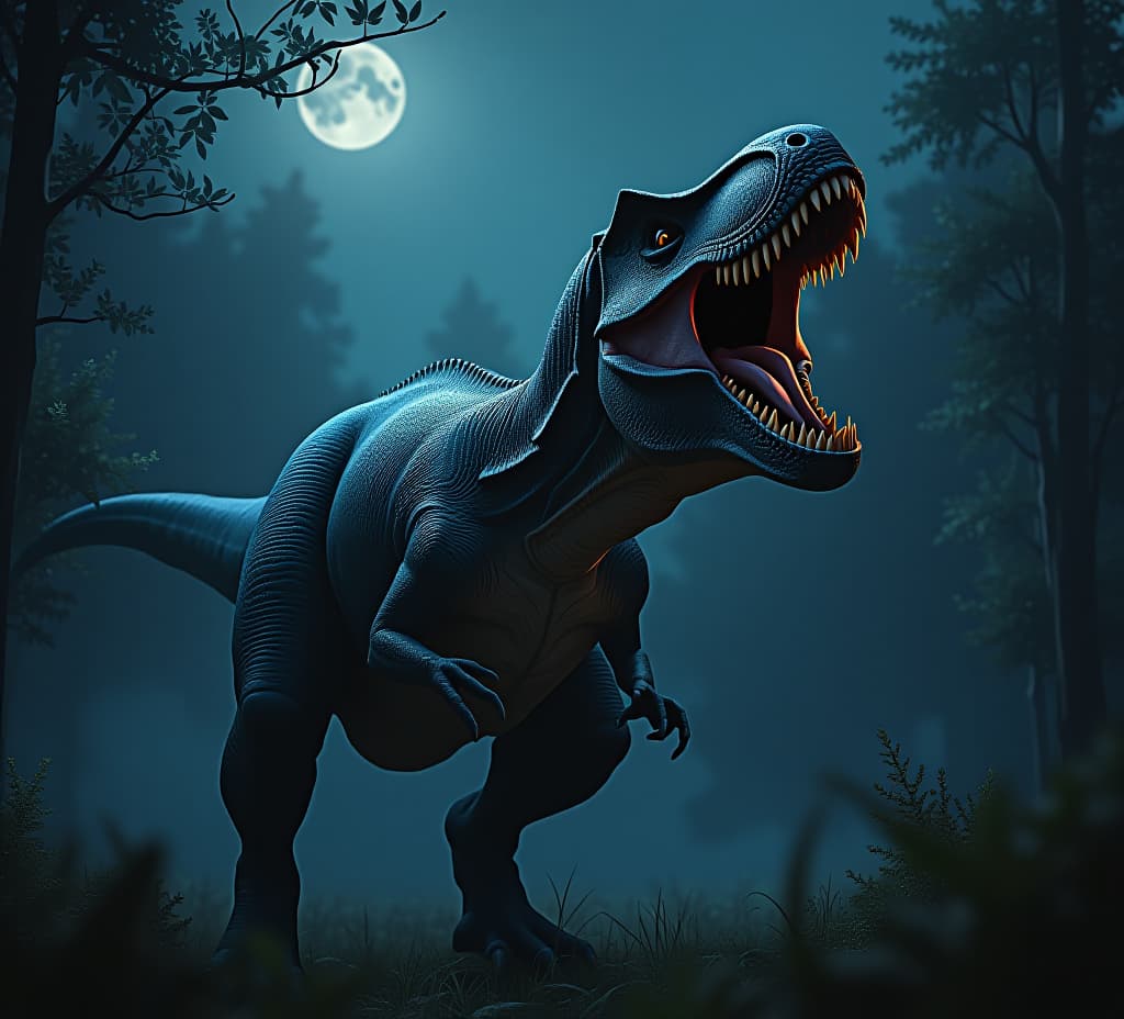  dramatic scene of a tyrannosaurus rex roaring during nighttime