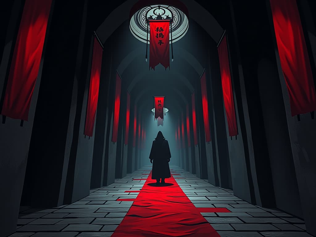  maze like corridors, dimly lit, red banners hanging, sense of escape and evasion. the style is digital art illustration / modern comic book / graphic dark novel fantasy and mysterious occult, symbolic, moody lighting, esoteric vibe,high detail on character design. for the color scheme emphasize blacks and reds.