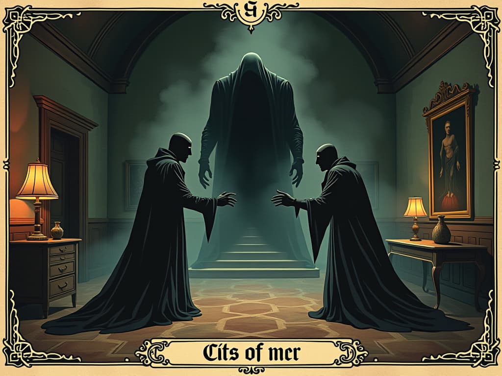  tense room, fraught atmosphere, looming darkness, fragmented harmony. an illustration in the style of a worn, mystical old tarot trump card, mysterious and elements of surrealism. the colors are muted, somber and eerie, but with contrast bring out an occult and esoteric vibe.