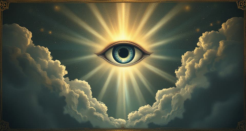  majestic eye in the heavens, radiating light beams, surrounding celestial clouds parting, piercing through illusions, divine omniscience. an illustration in the style of a worn, mystical old tarot trump card, mysterious and elements of surrealism. the colors are muted, somber and eerie, but with contrast bring out an occult and esoteric vibe.