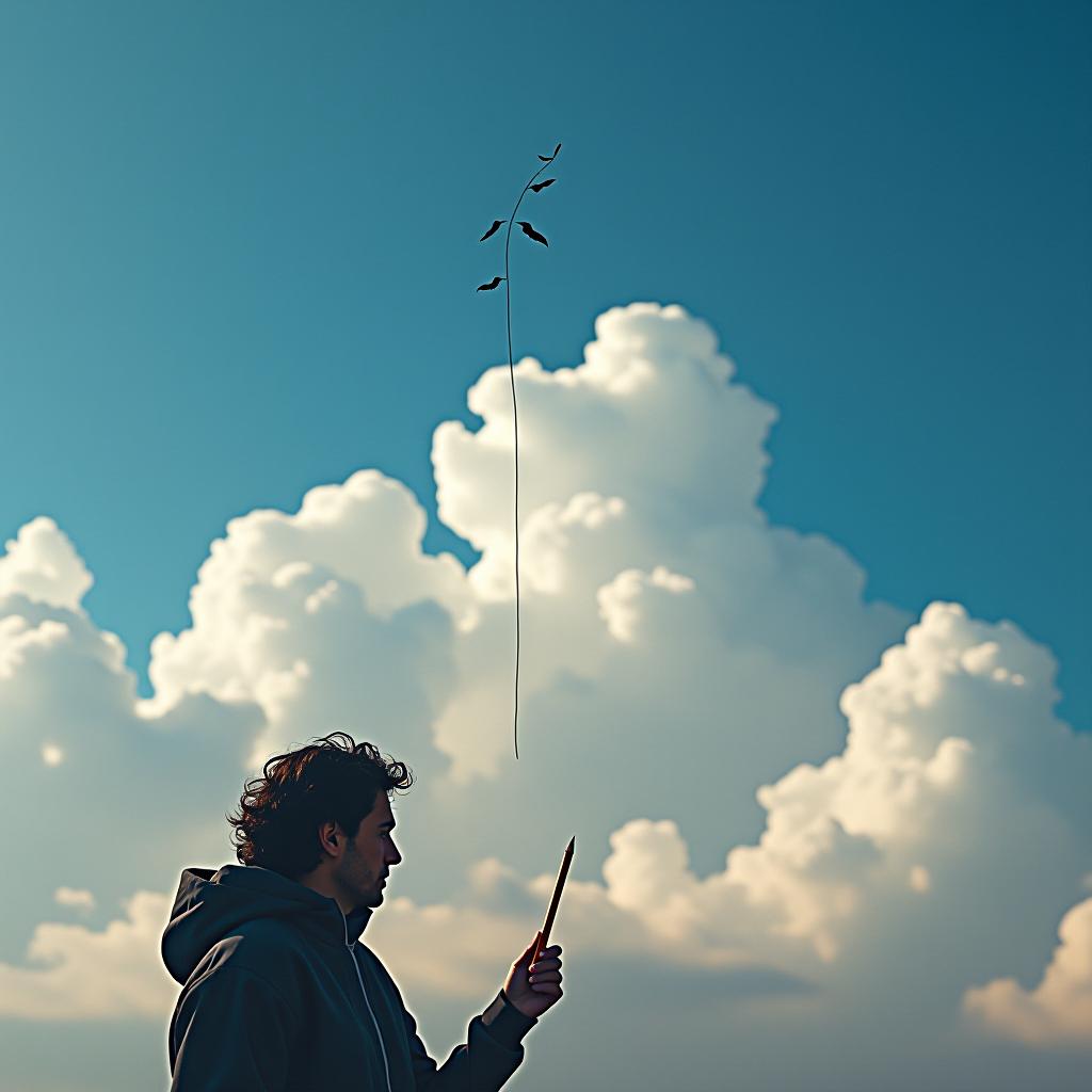  a black pencil line on the sky with a beautiful blue sky background with unique soft white clouds firooze hyperrealistic, full body, detailed clothing, highly detailed, cinematic lighting, stunningly beautiful, intricate, sharp focus, f/1. 8, 85mm, (centered image composition), (professionally color graded), ((bright soft diffused light)), volumetric fog, trending on instagram, trending on tumblr, HDR 4K, 8K