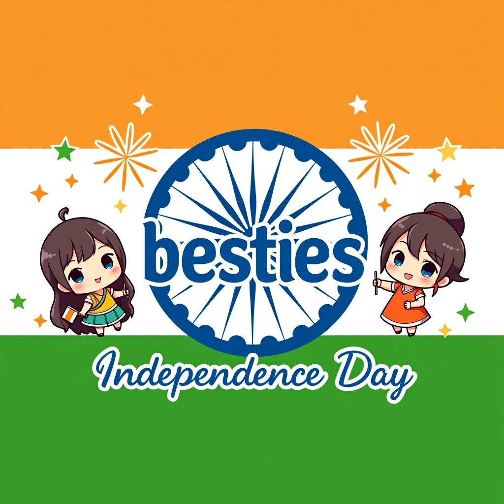  design a festive and cute profile picture logo for a group named 'besties' to celete independence day in india, with an anime aesthetic. the logo should feature vint colors from the indian flag (saffron, white, and green) and include anime style ilrations of a cute and in the corners. they should be dressed in traditional indian attire or holding small flags. the central part of the logo should display 'besties' in a , anime inspired font. add anime style independence day elements, such as stylized fireworks or the ashoka chakra, to enhance the festive mood. the overall design should be charming, colorful, and full of celetory spirit.