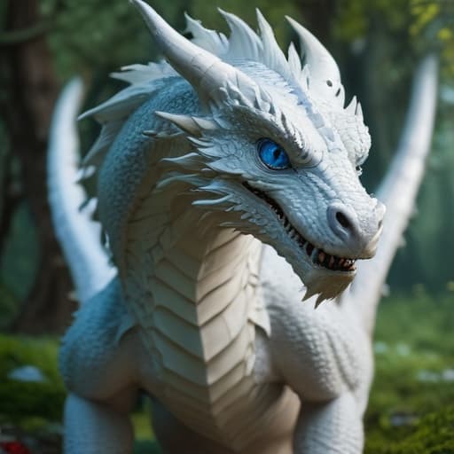 In a lush, enchanted forest, a magnificent Blue-Eyes White Dragon stands tall, its snowy scales shimmering in the sunlight. However, its usually pristine appearance is marred by deep green wounds inflicted by a mysterious spellcaster. The dragon's eyes reflect a mix of pain and determination as it prepares to defend itself against further attacks. The scene is both captivating and poignant, capturing the essence of magic and battle in a digital art style reminiscent of Akina Fujiwara. The contrast of the dragon's beauty and its wounded state creates a striking image that demands attention and tells a story of strength and resilience. fantastical creatures or characters inspired by mythology, folklore, or popular culture. use vibrant colors,