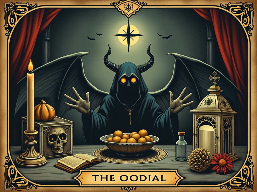  mundane objects adorned with malevolent symbols, ominous presence, cryptic aura, dark and foreboding space. an illustration in the style of a worn, mystical old tarot trump card, mysterious and elements of surrealism. the colors are muted, somber and eerie, but with contrast bring out an occult and esoteric vibe.