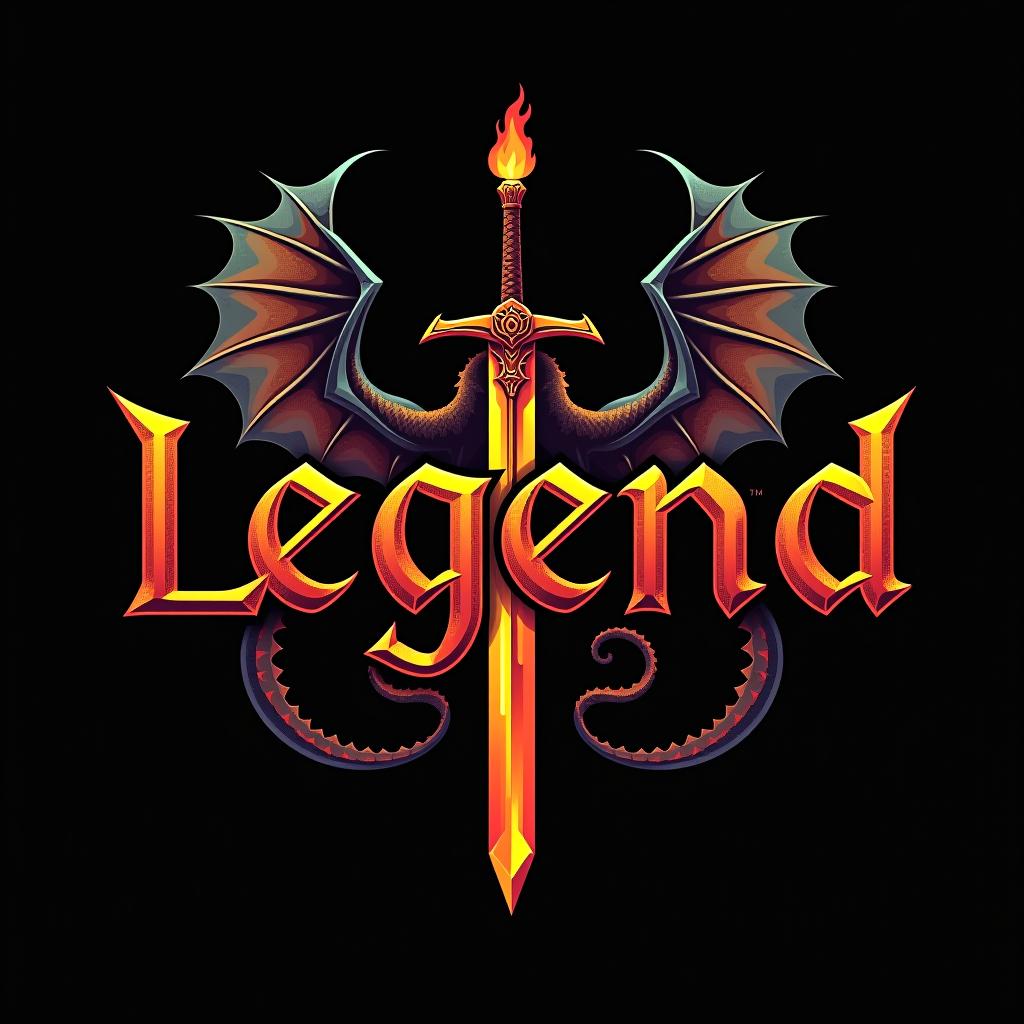  design a logo, custom sticker design on an isolated black background with the words ‘legend’ in bold font decorated by mythical dragons and a flaming sword