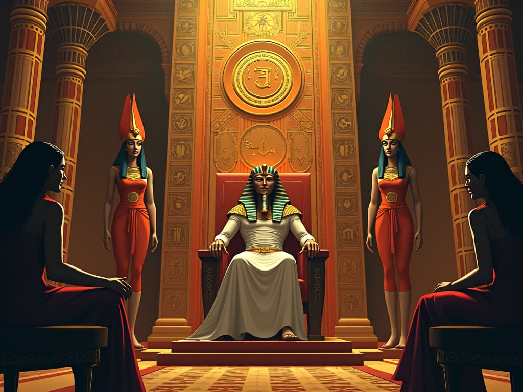  a grand egyptian throne room, the pharaoh seated majestically, ancient symbols of foresight surrounding, large busted advisors in form fitting gowns, aura of divine insight and decision making.. the style is digital art illustration / modern comic book / mysterious occult, symbolic, esoteric vibe,high detail on character design, incorporating ancient egyptian symbology and attire.