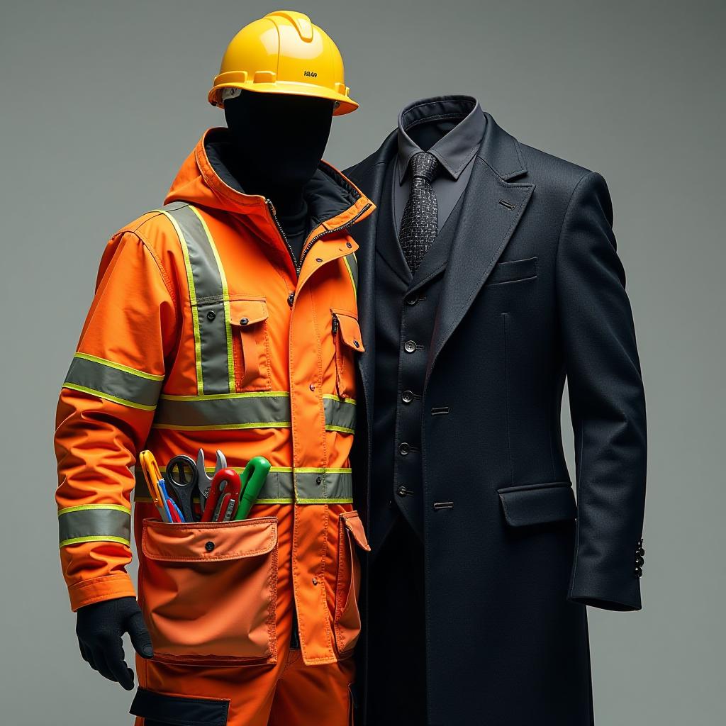  the image features a coat split down the middle. on the left, a construction worker&#039;s coat is rugged and high visibility, adorned with pockets filled with tools, reflecting strength and practicality. on the right, a businessman’s coat is sleek and tailored, made from luxurious fabric with sharp lapels, symbolizing professionalism and ambition. the contrasting styles emphasize the diverse nature of the coat trade, bridging two distinct worlds., (4k, best quality, masterpiece:1.2), ultrahigh res, highly detailed, sharp focus, (perfect image composition)