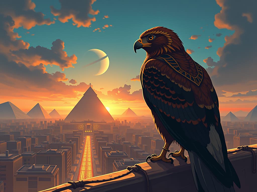  a hawk perched above a market, scanning for opportunities, symbolizing positioning oneself to thrive. the style is digital art illustration / modern comic book / mysterious occult, symbolic, esoteric vibe,high detail on character design, incorporating ancient egyptian symbology and attire.