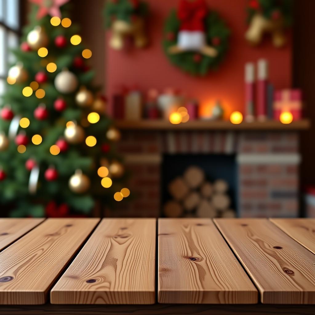  empty wooden table with christmas theme in background