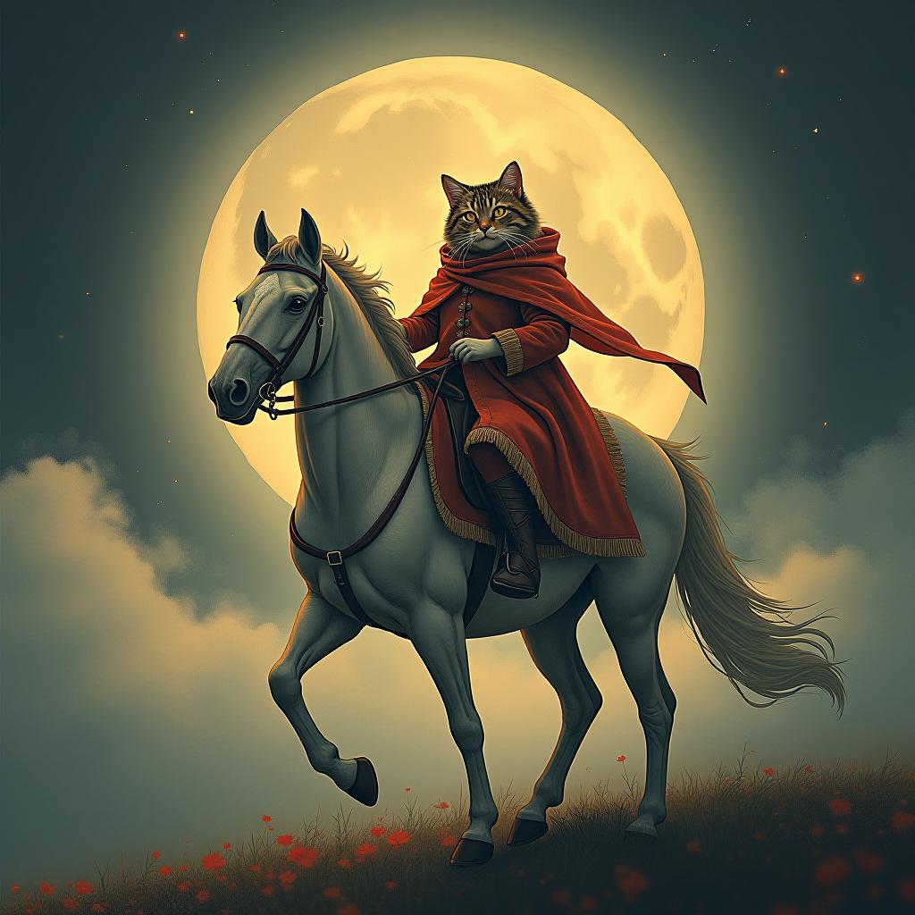  a cat riding a horse, hand drawn, on the moon, studio light, hdr 4k hyperrealistic, full body, detailed clothing, highly detailed, cinematic lighting, stunningly beautiful, intricate, sharp focus, f/1. 8, 85mm, (centered image composition), (professionally color graded), ((bright soft diffused light)), volumetric fog, trending on instagram, trending on tumblr, HDR 4K, 8K