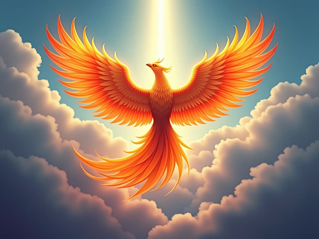  majestic phoenix with radiant plumage, burning brightly, ascending above the clouds, symbol of transformation and power. the style is digital art illustration,highly detailed, whimsical,magical, dreamlike atmosphere, realism and fantasy blend, smooth, glossy textures,luminous quality, wonder and enchantment.