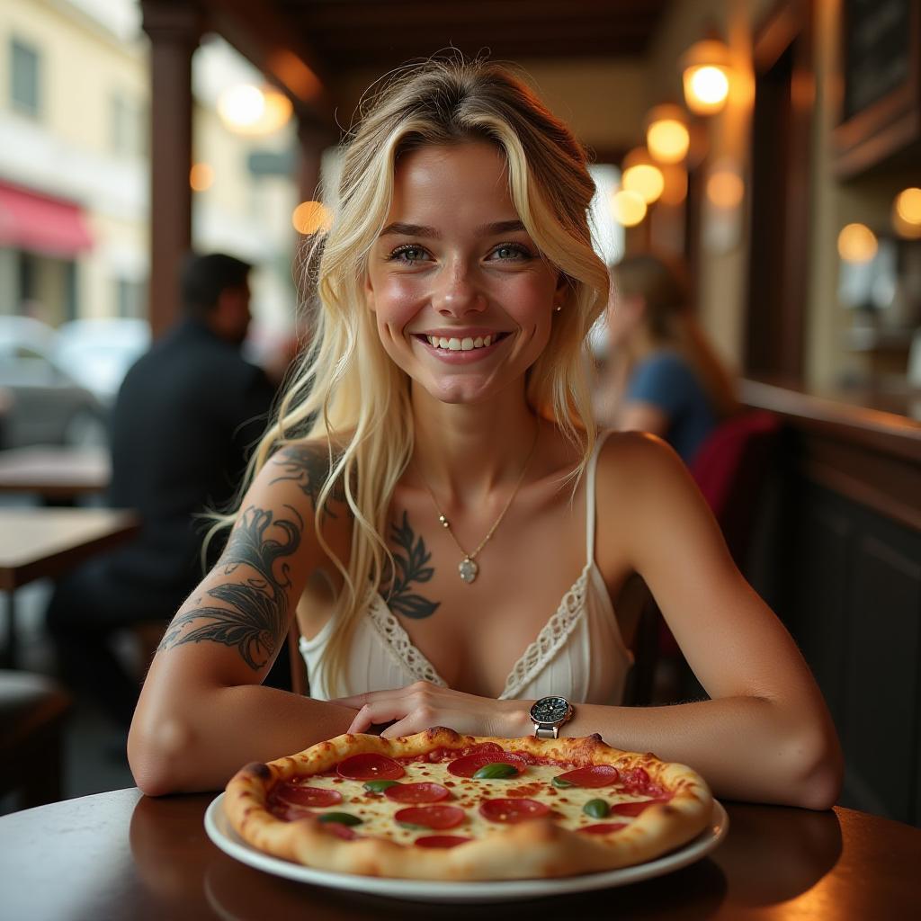  a blonde girl without tattoos and with dimples in her cheeks is sitting in a café in spain, in front of her is a pizza, and she looks happy. hyperrealistic, full body, detailed clothing, highly detailed, cinematic lighting, stunningly beautiful, intricate, sharp focus, f/1. 8, 85mm, (centered image composition), (professionally color graded), ((bright soft diffused light)), volumetric fog, trending on instagram, trending on tumblr, HDR 4K, 8K