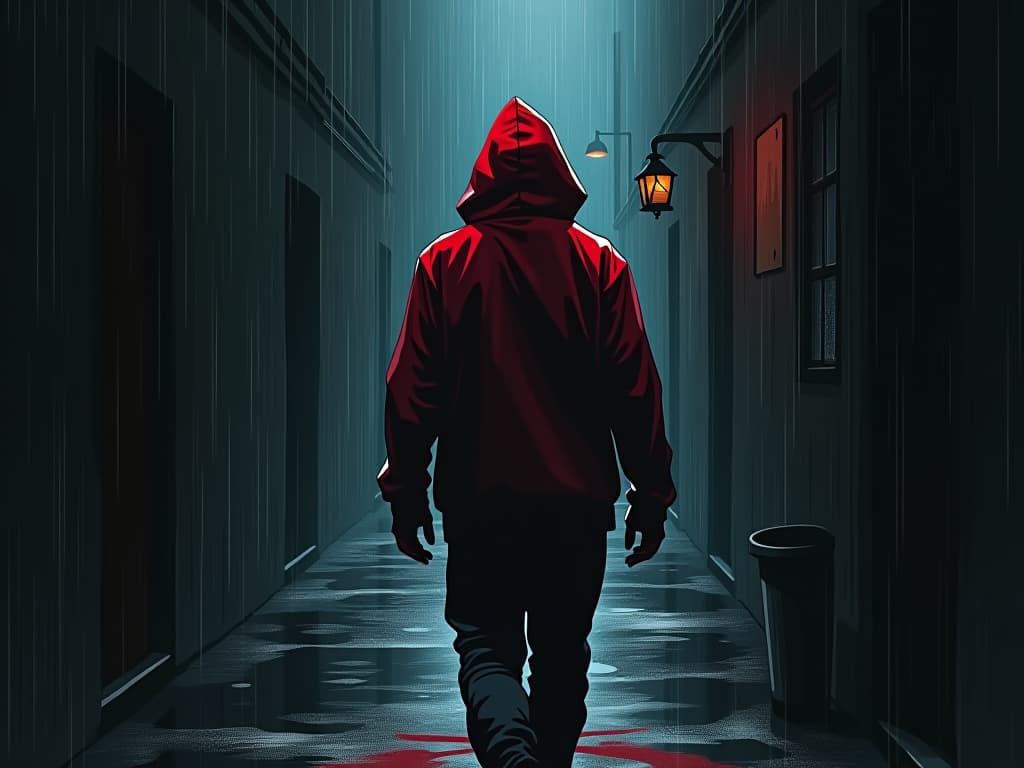  person in red hoodie, walking away in rainy alley, shadowy atmosphere, aura of reservation and avoidance. the style is digital art illustration / modern comic book / graphic dark novel fantasy and mysterious occult, symbolic, moody lighting, esoteric vibe,high detail on character design. for the color scheme emphasize blacks and reds.