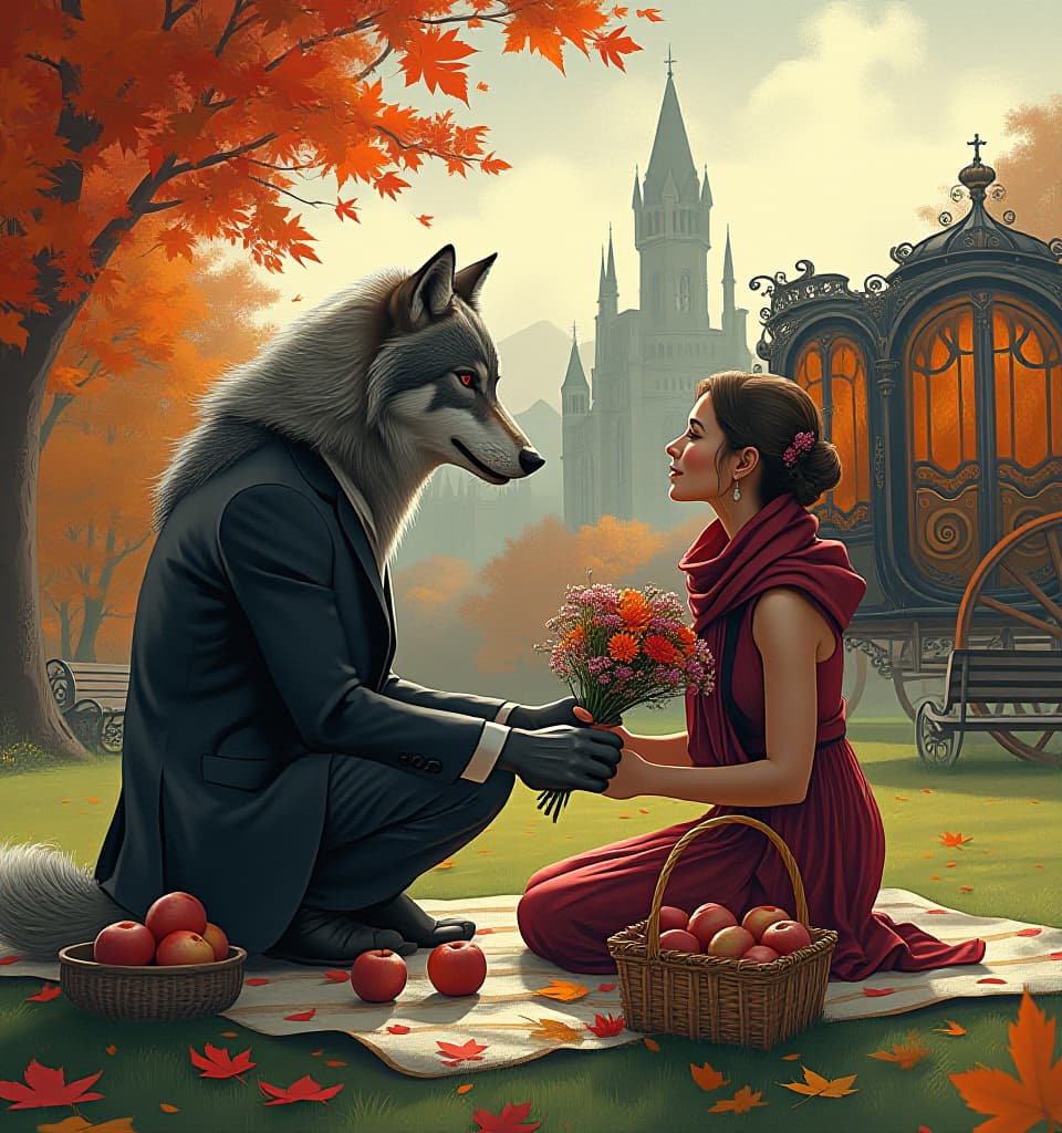  concept art (black ink drawing in dark fantasy style:1.5). a gray wolf in an ultra fashionable suit hands a bouquet of asters and maple leaves to a cute businesswoman, red riding hood. (romantic date, picnic on a patterned blanket on the gr:1.3). (gentle look, love, excitement:1.4). a basket of ripe apples. (striped scarf:1.4), comfort and idyll. (a huge intricate carriage with patterned doors in the shape of a magical orange pumpkin in the distance in the background:1.6). (landscape of an autumn park with an ancient tower:1.4). falling autumn colorful leaves, a carpet of autumn rustling leaves, warm colors, detailed trees and benches. in the style of the works of alphonse mucha. . digital artwork, ilrative, painterly, m