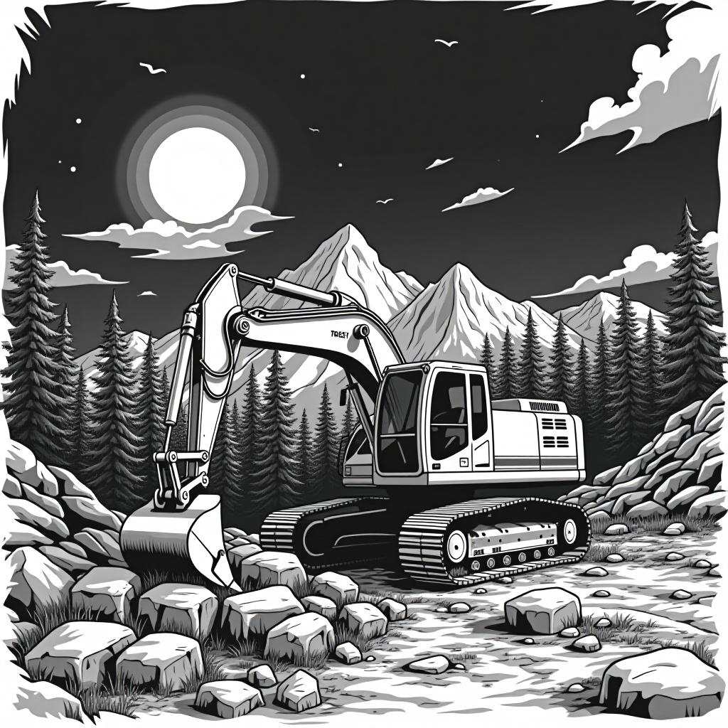  mountain, excavator, music, guitar , (logo:1.15), black and white, hq, hightly detailed, 4k